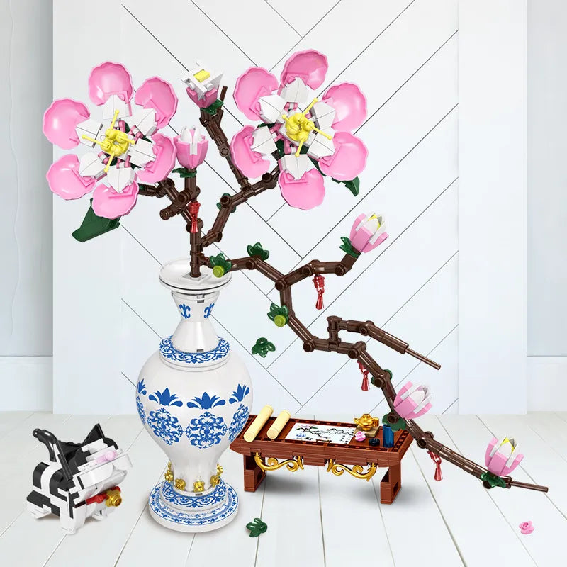 Peach Blossom Plant Blue Vase - Building blocks Set