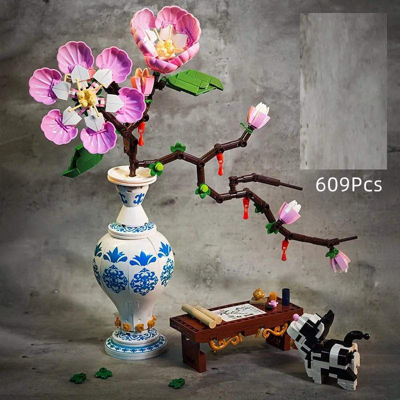 Peach Blossom Plant Blue Vase - Building blocks Set